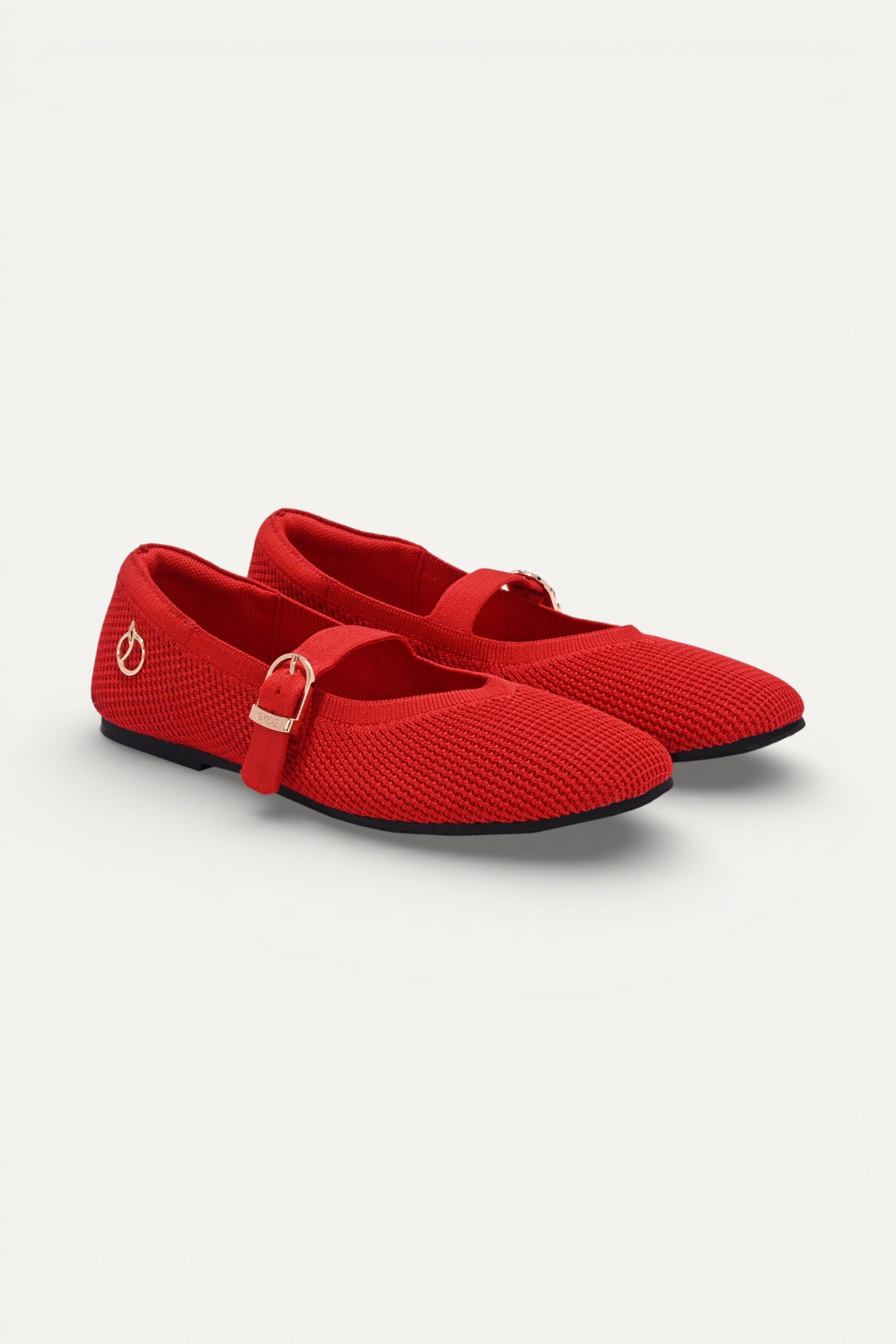 Rioz Red textured knit Mary Jane flats for women with gold buckle strap , eco-friendly fabric and cushioned sole 
