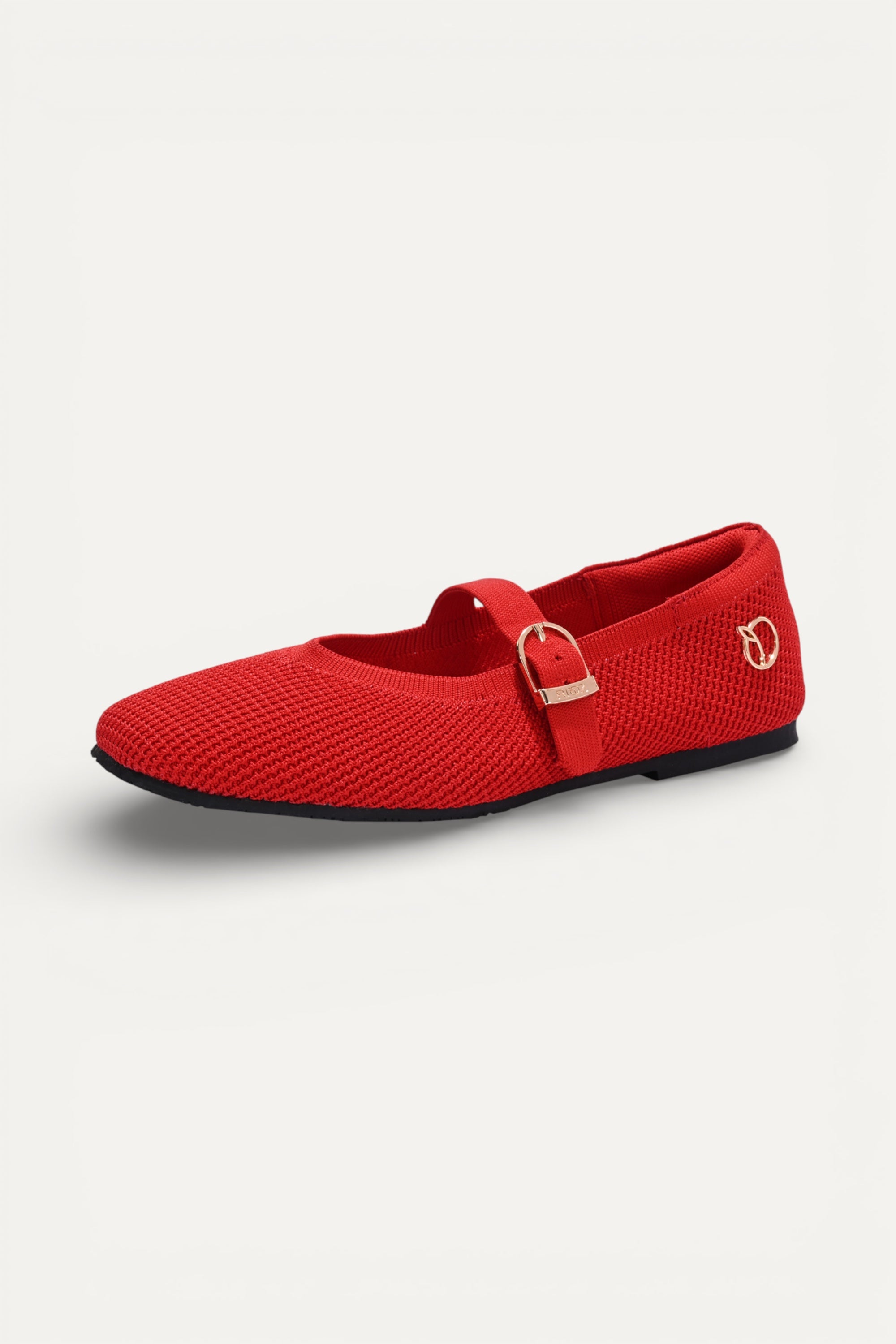 Rioz Red textured knit Mary Jane flats for women with gold buckle strap , eco-friendly fabric and cushioned sole 
