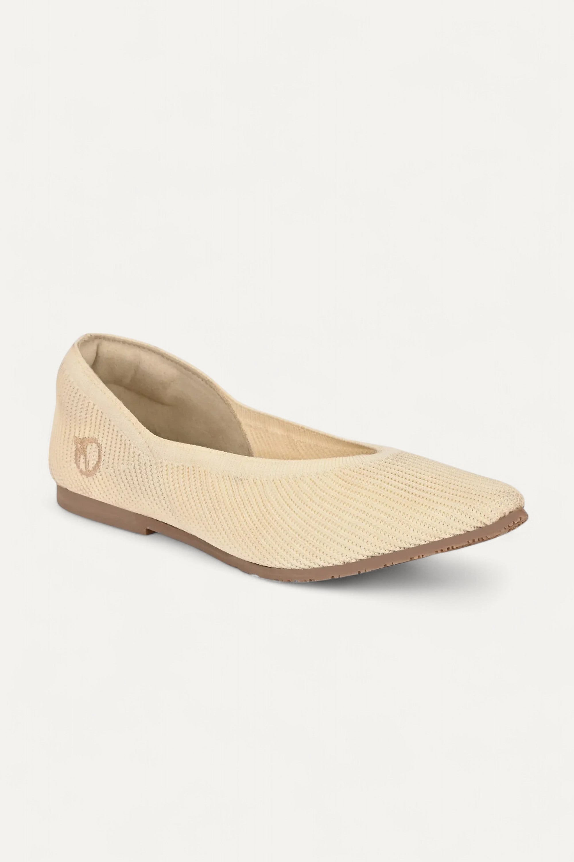 Rioz beige pointed-toe ballet flats for women with breathable knit fabric and cushioned soler eco-friendly fabric and cushioned sole 