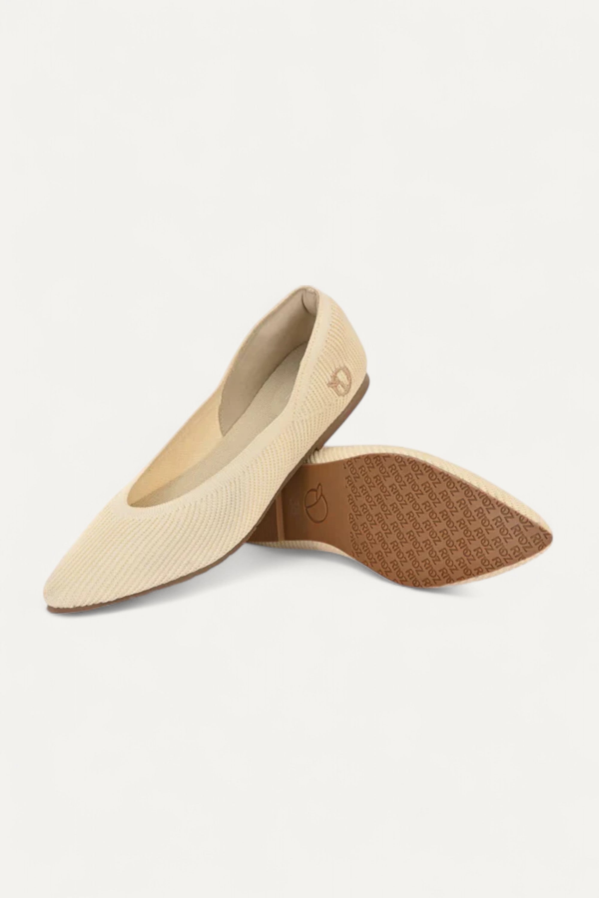Rioz beige pointed-toe ballet flats for women with breathable knit fabric and cushioned soler eco-friendly fabric and cushioned sole 