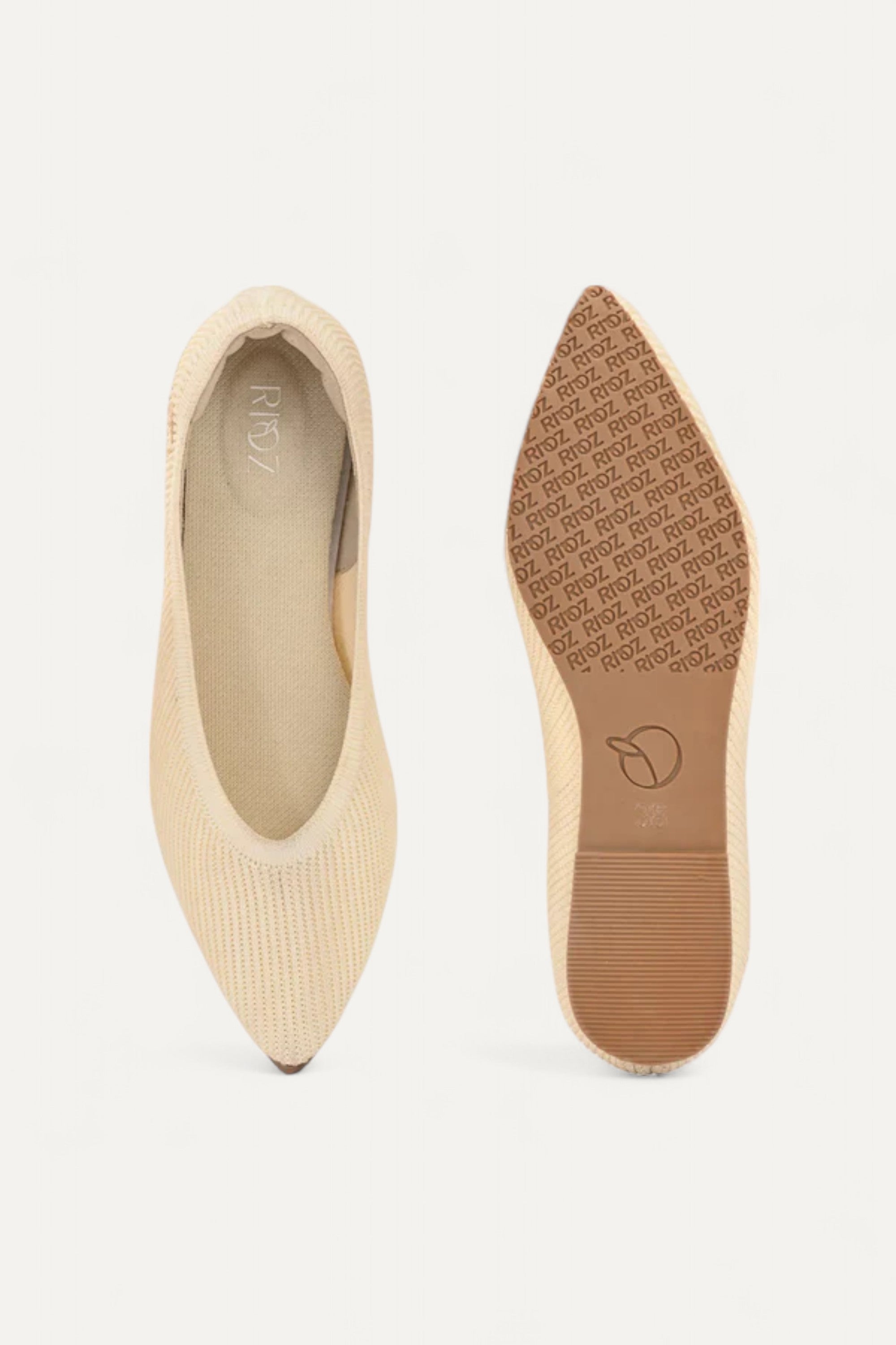 Rioz beige pointed-toe ballet flats for women with breathable knit fabric and cushioned soler eco-friendly fabric and cushioned sole 