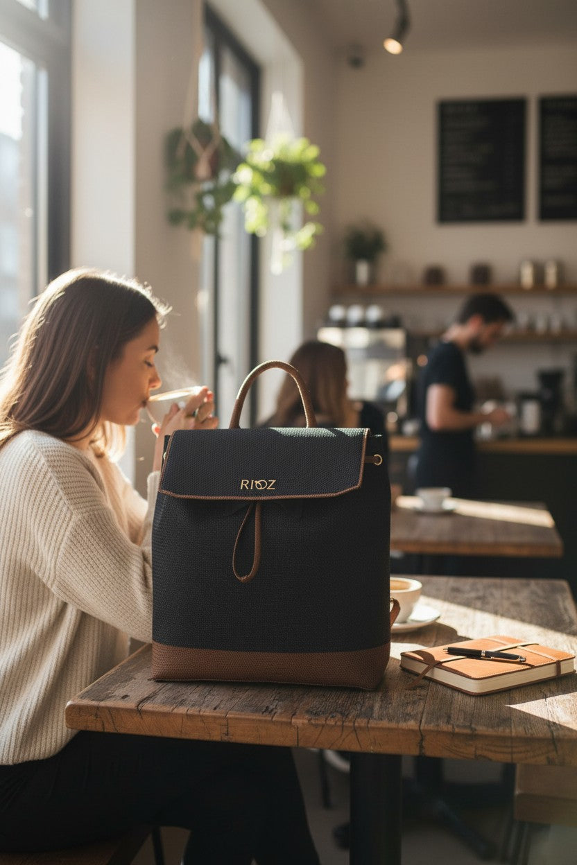 Eco-friendly black woven backpack with brown trim, flap closure and drawstring detail, top handle and shoulder straps, minimalist sustainable design and made from recycled PET bottles for  for everyday use.