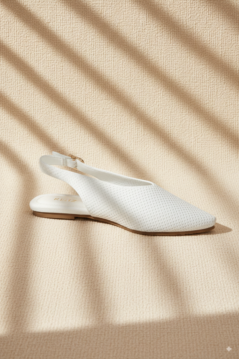 Rioz beige pointed-toe ballet flats for women with breathable knit fabric, eco-friendly fabric and cushioned sole 