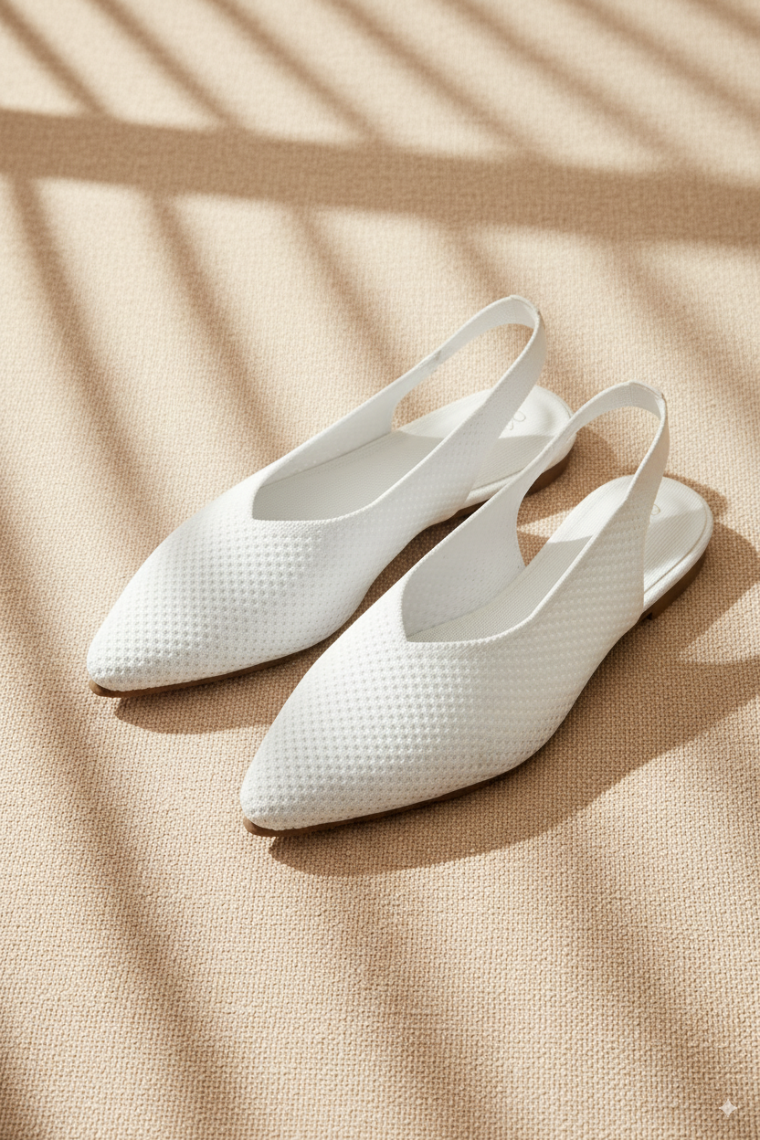 Rioz beige pointed-toe ballet flats for women with breathable knit fabric, eco-friendly fabric and cushioned sole 