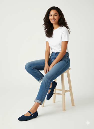 Rioz Blue Mary Jane flats for women with breathable knit fabric and adjustable strap-eco friendly Jane flats-sustainable footwear