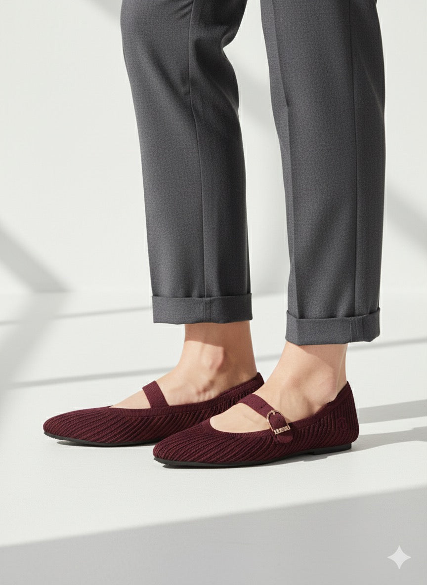 Rioz Maroon Veloce Mary Janes for women with breathable knit fabric and adjustable strap-eco friendly Jane flats-sustainable footwear
