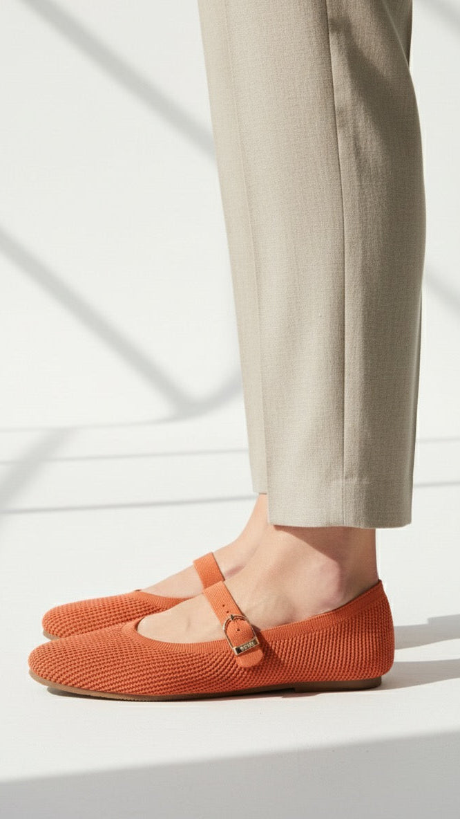 Rioz peach Mary Jane flats for women with breathable knit fabric and adjustable strap-eco friendly Jane flats-sustainable footwear