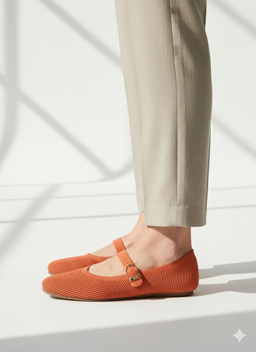 Rioz peach Mary Jane flats for women with breathable knit fabric and adjustable strap-eco friendly Jane flats-sustainable footwear