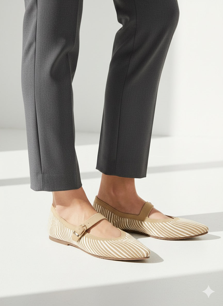 Rioz Cream Veloce Mary Janes for women with breathable knit fabric and adjustable strap-eco friendly Jane flats-sustainable footwear