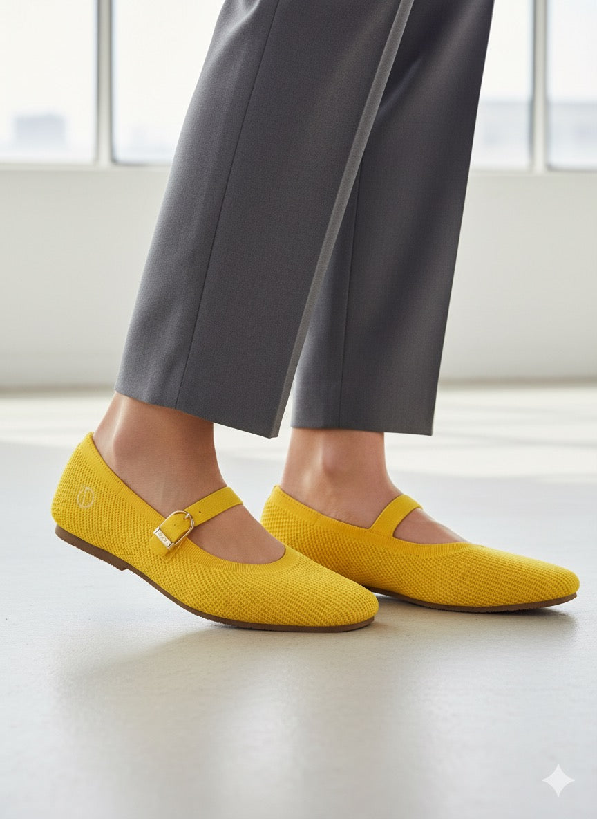 Rioz Yellow Mary Jane flats for women with breathable knit fabric and adjustable strap-eco friendly Jane flats-sustainable footwear