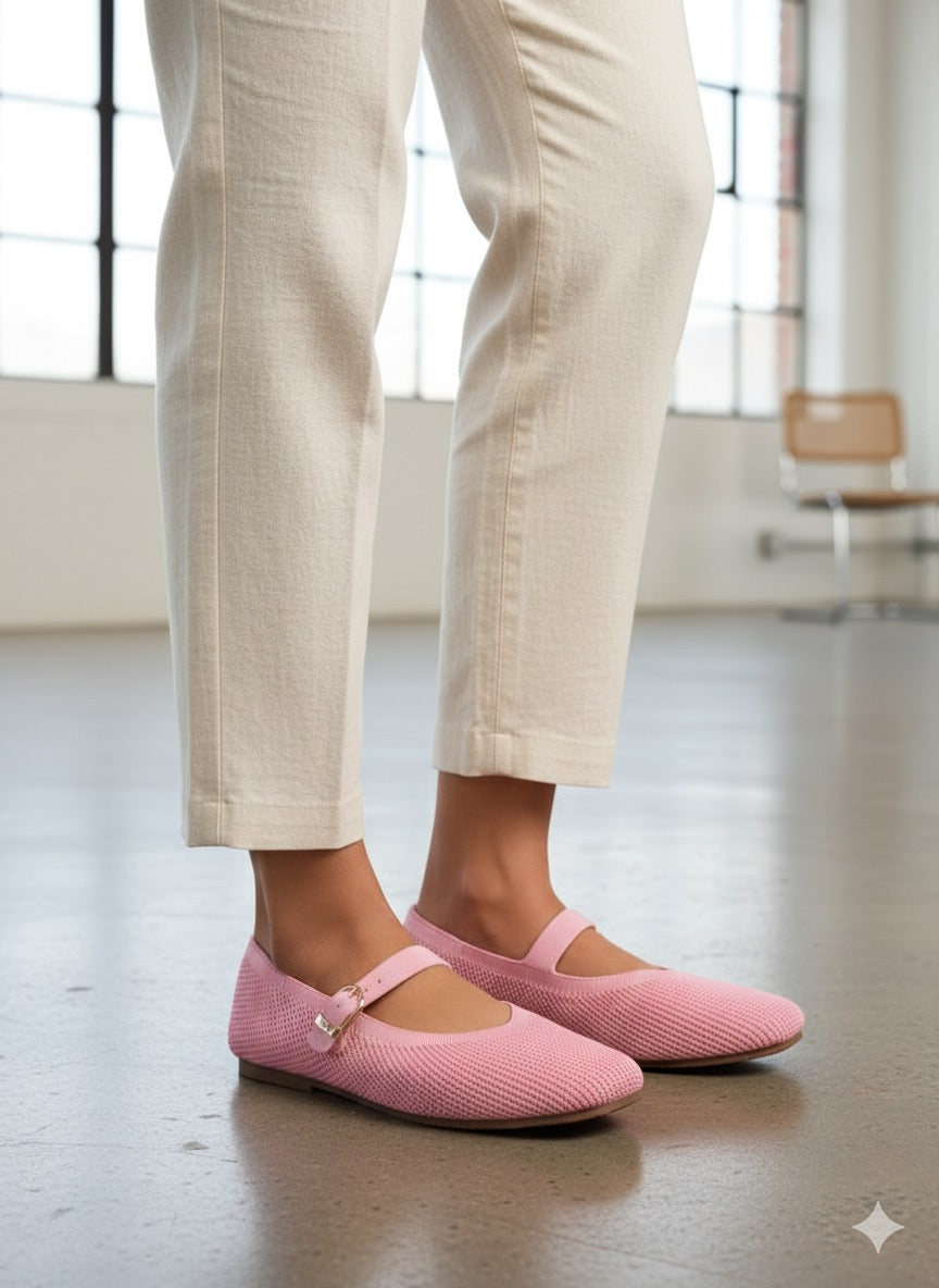 Rioz pink Mary Jane flats for women with breathable knit fabric and adjustable strap-eco friendly Jane flats-sustainable footwear