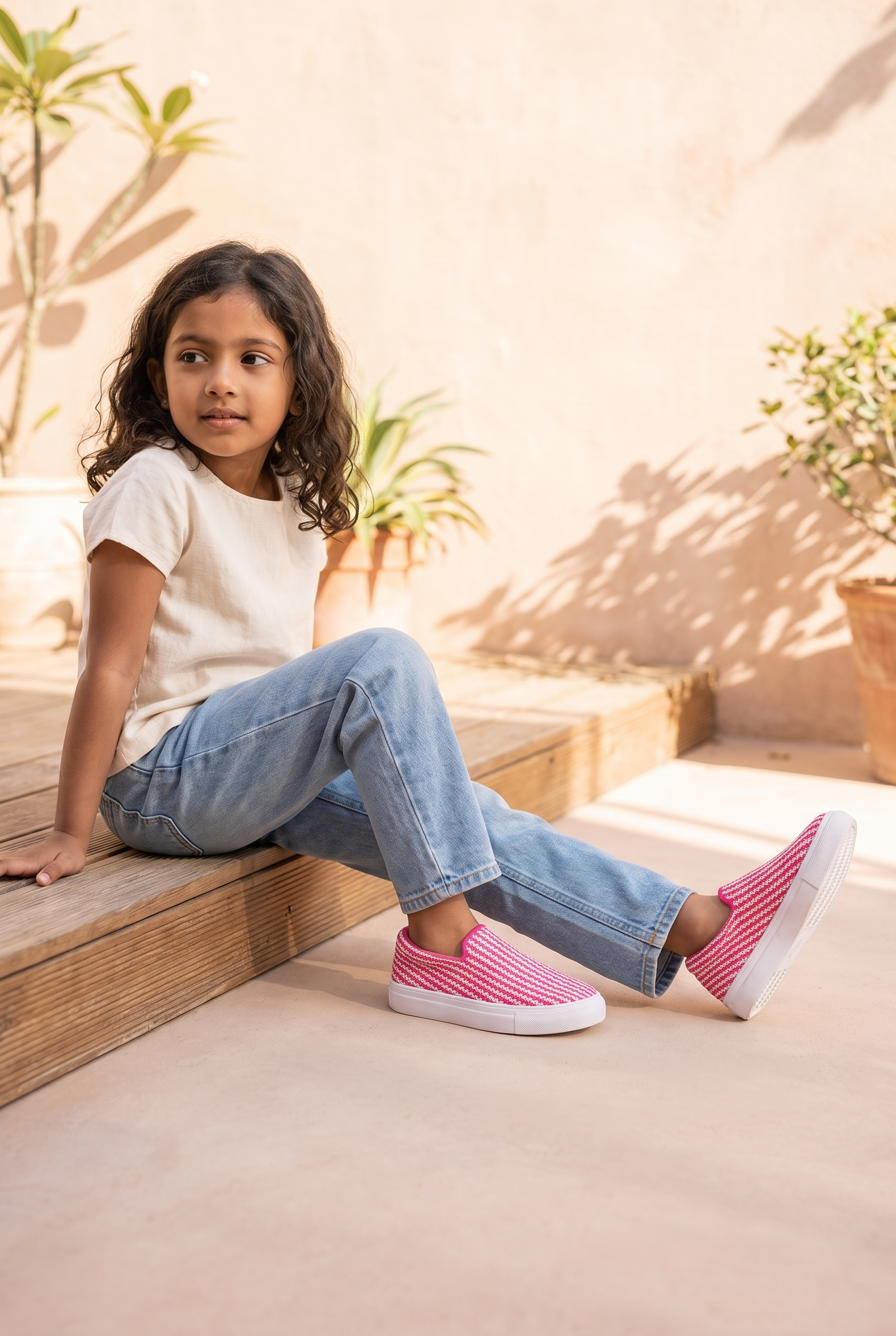 Kids Skippy Slip-On Sneakers Pink full model shot on girl, sitting pose
