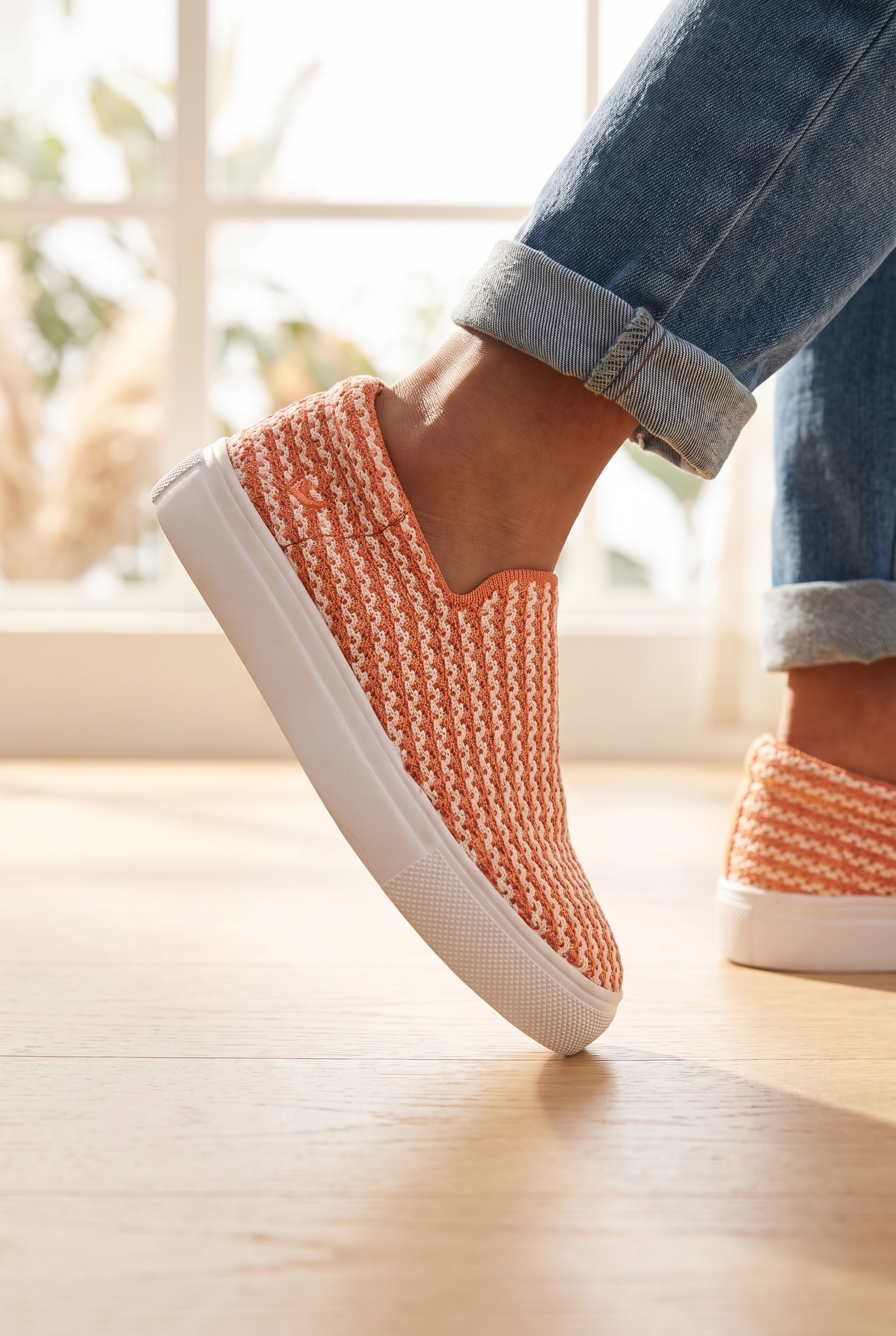 Kids Skippy Slip-On Sneakers Orange foot closeup on boy