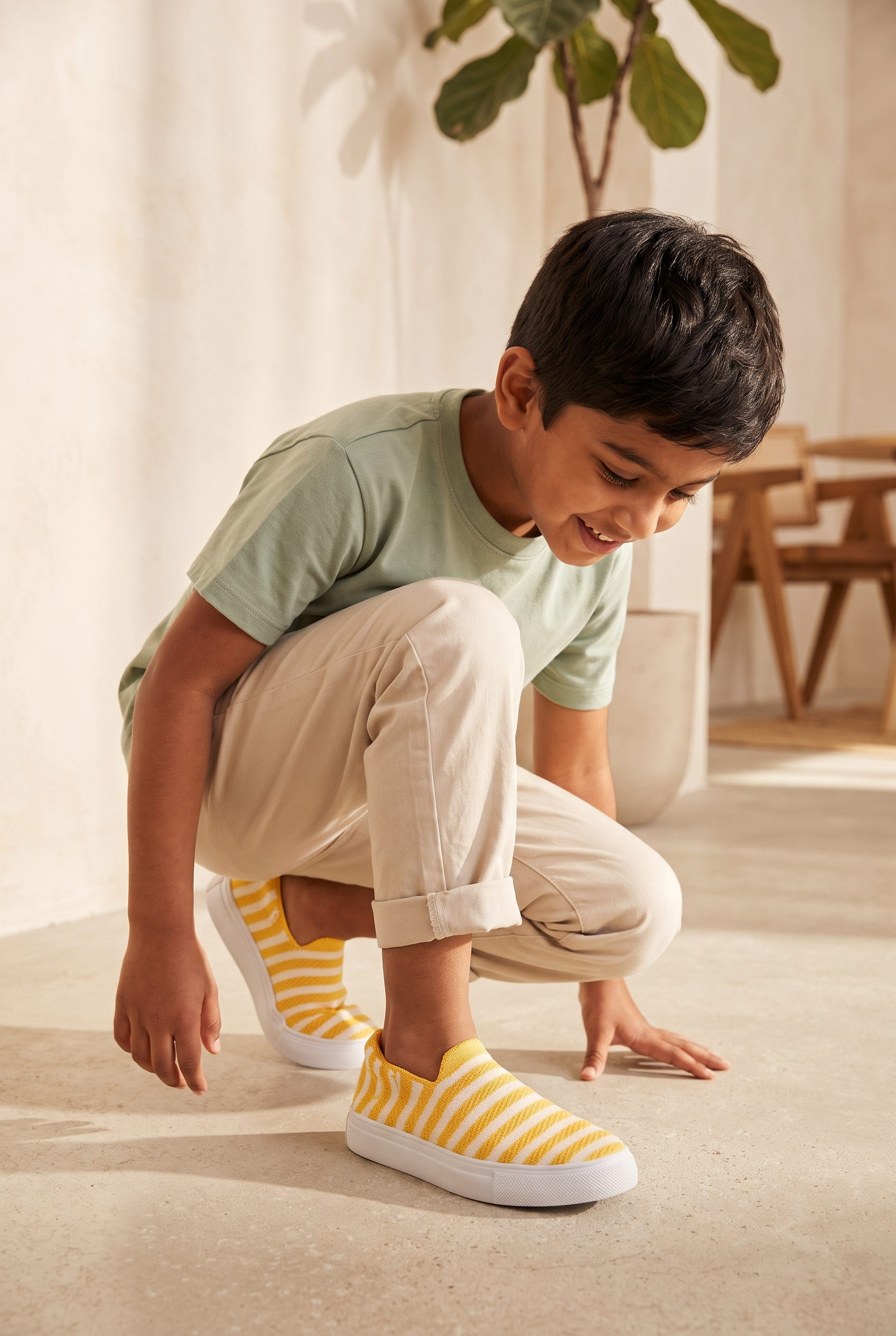 Kids Zippy Slip-On Sneakers Yellow full model shot on boy, crouching pose