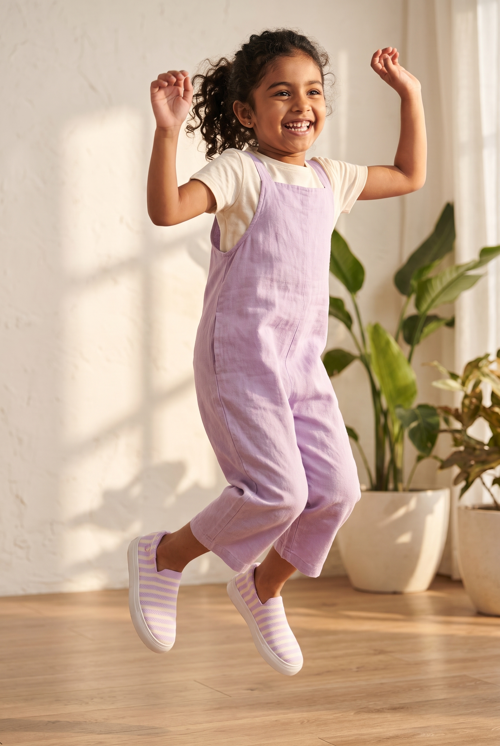 Kids Zippy Slip-On Sneakers Orchid full model shot on girl, playful hop pose