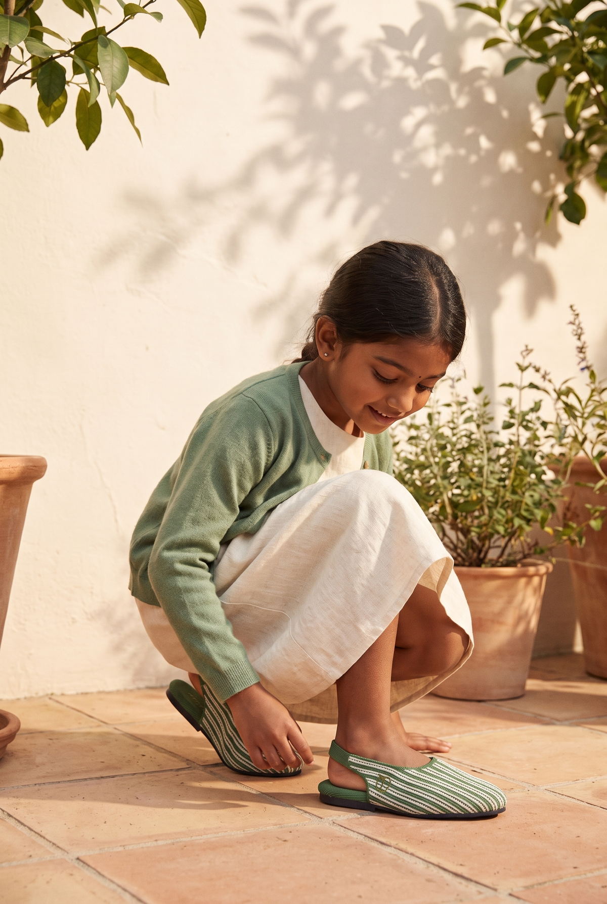 Kids Almond Slingback Green full model shot on girl, crouching pose