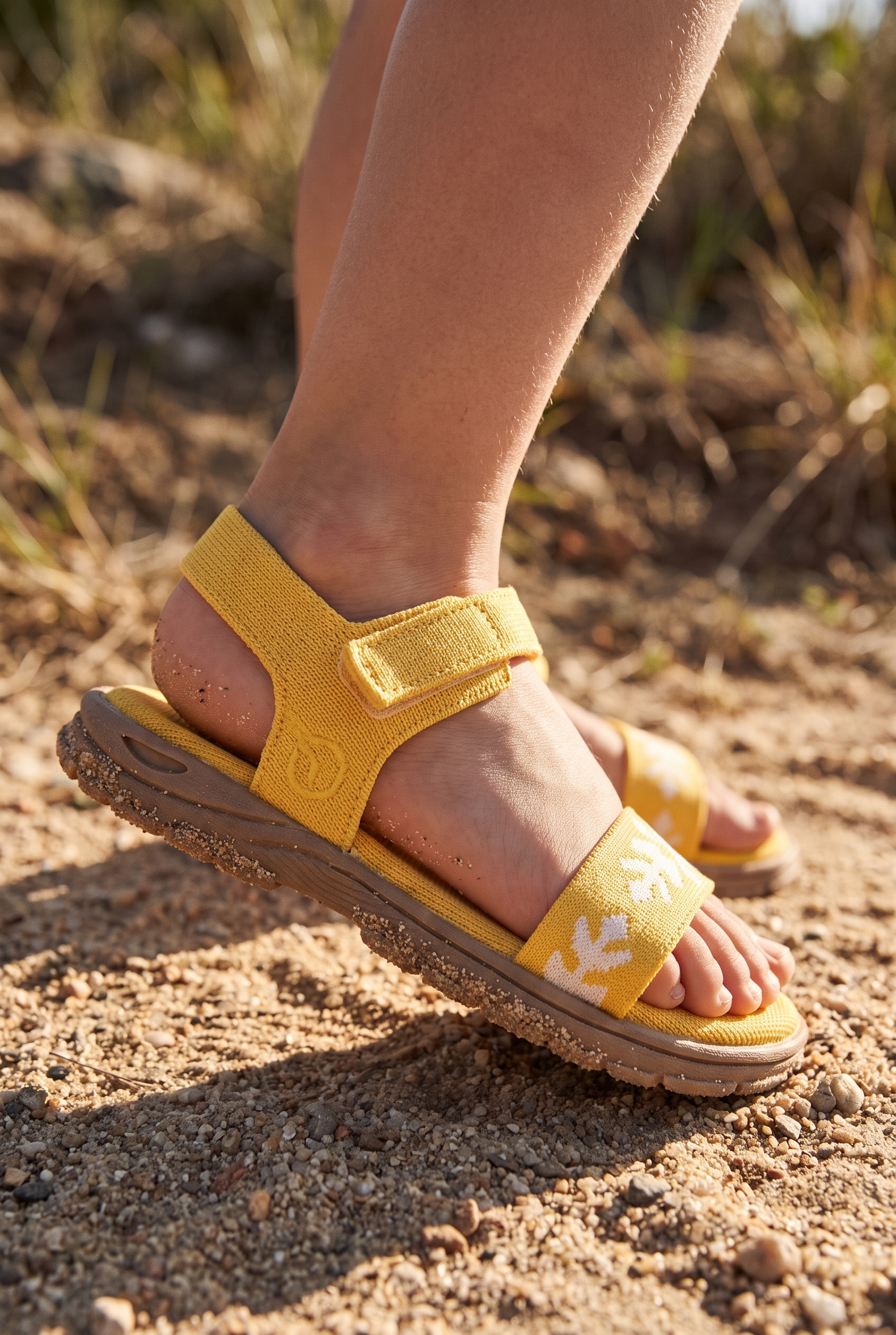 Kids Sunny Sandal Yellow foot closeup on boy