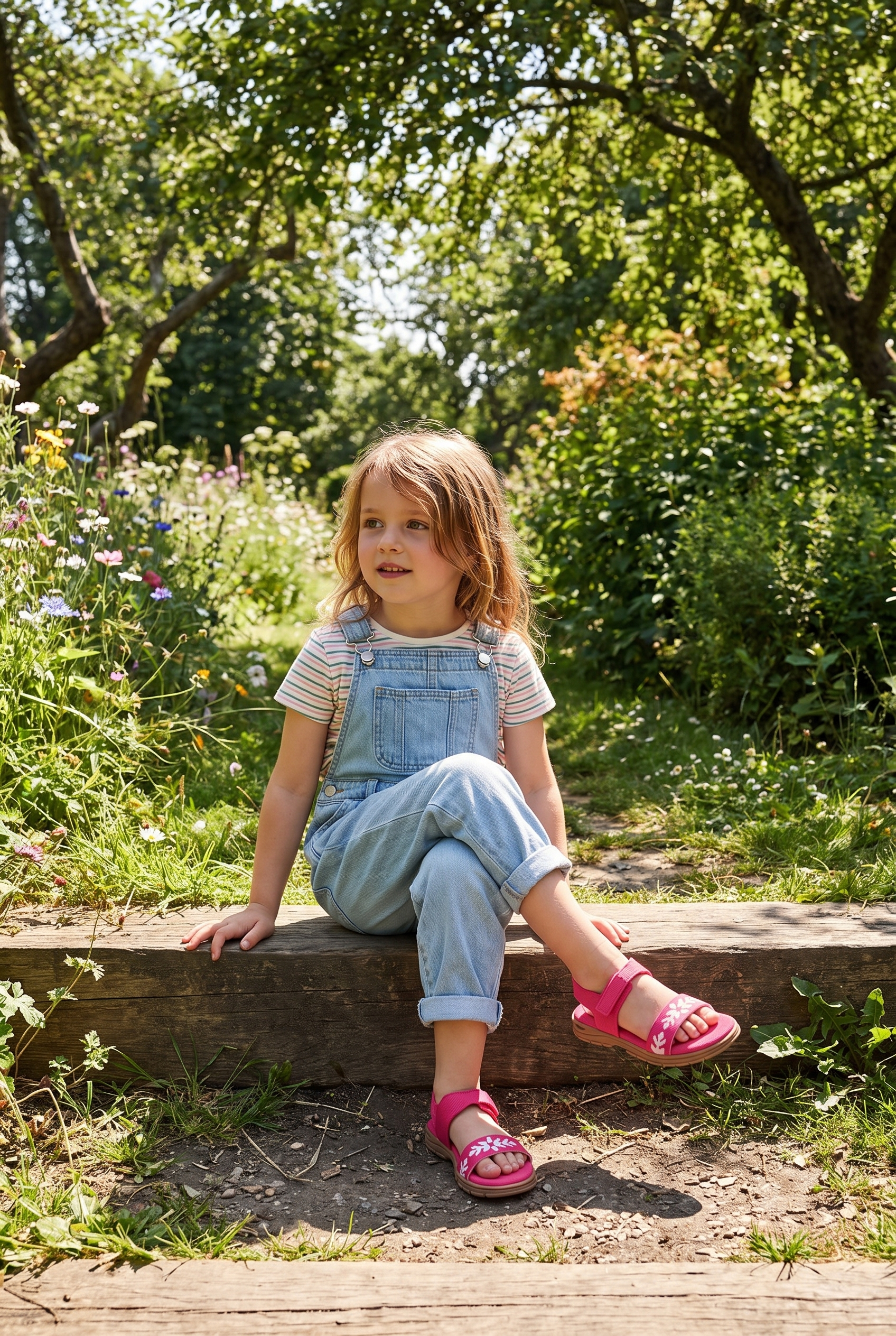 Kids Sunny Sandal Pink full model shot on girl, sitting on bench pose