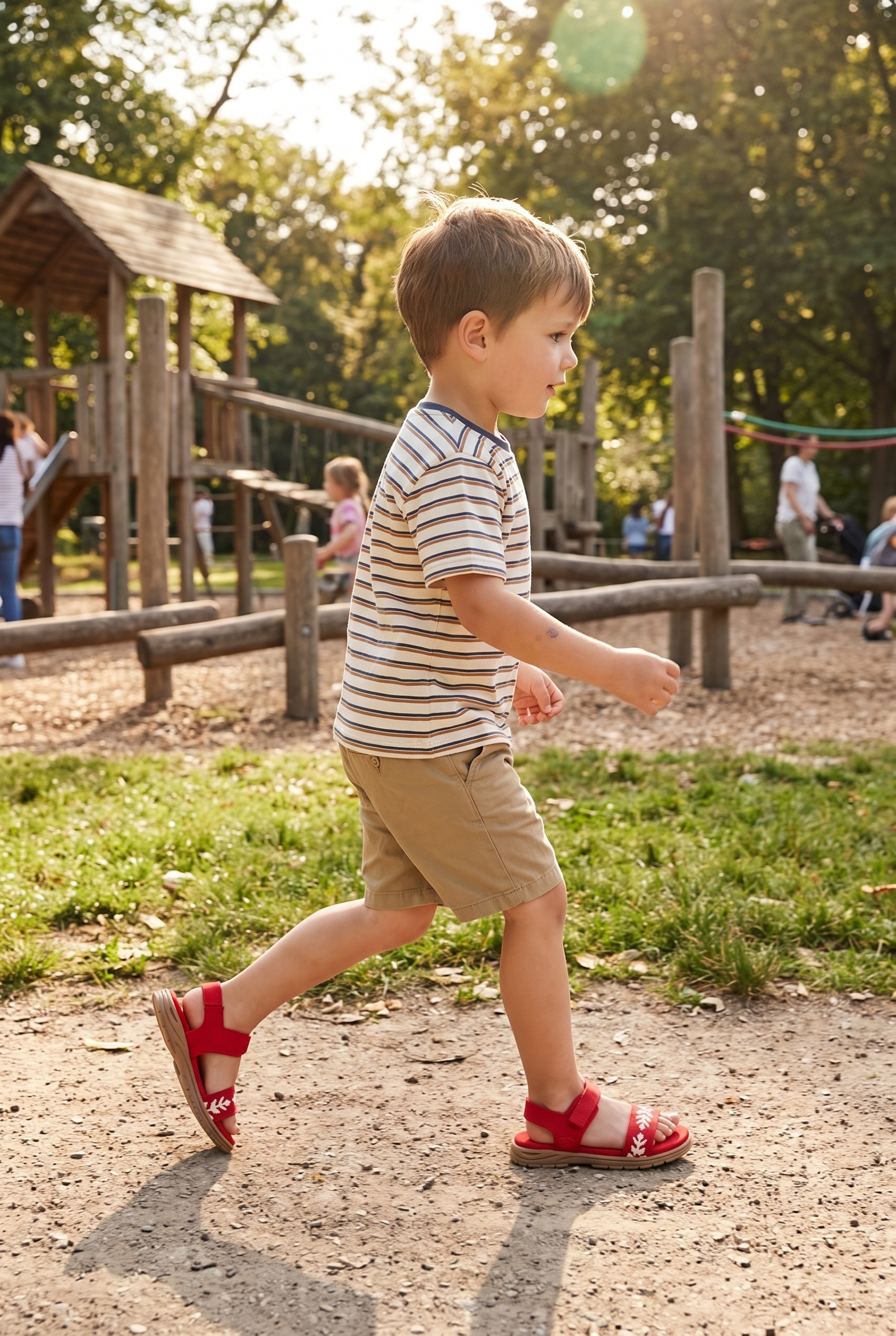 Kids Sunny Sandal Red full model shot on boy, mid-walk stride pose