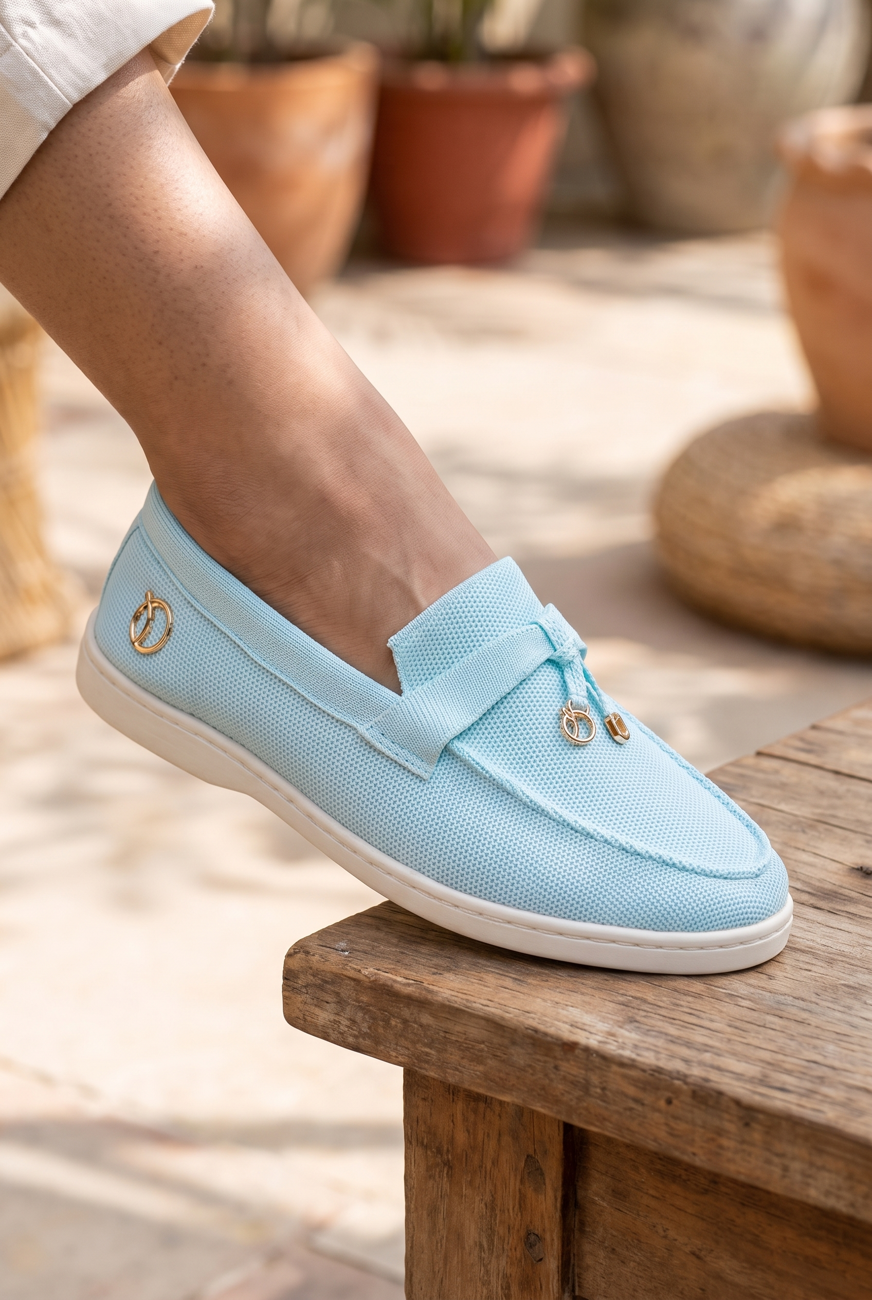 The Coco Loafers Blue foot closeup on Indian woman