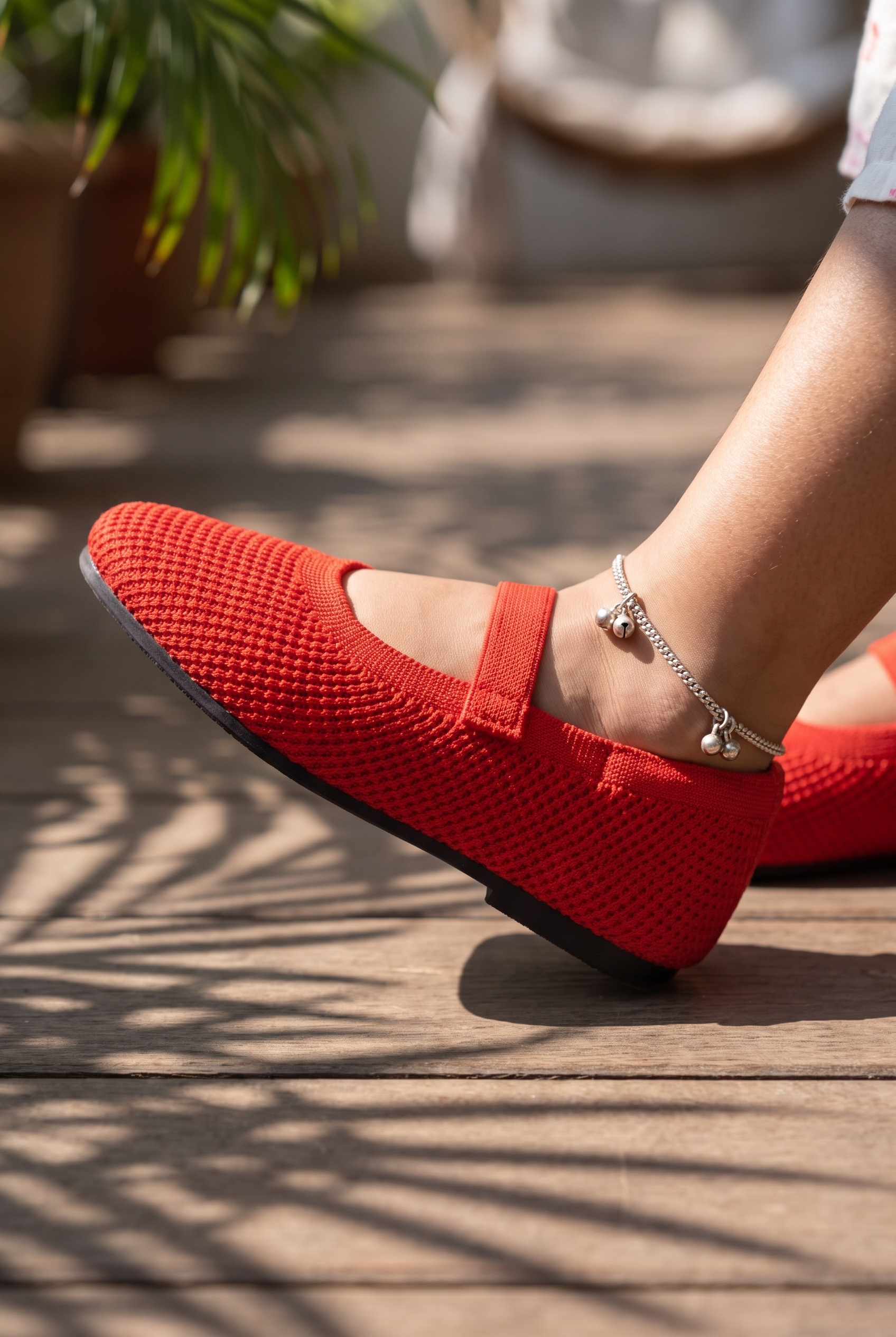 Kids Square Toe Metro Mary Janes Red foot closeup on Indian girl
