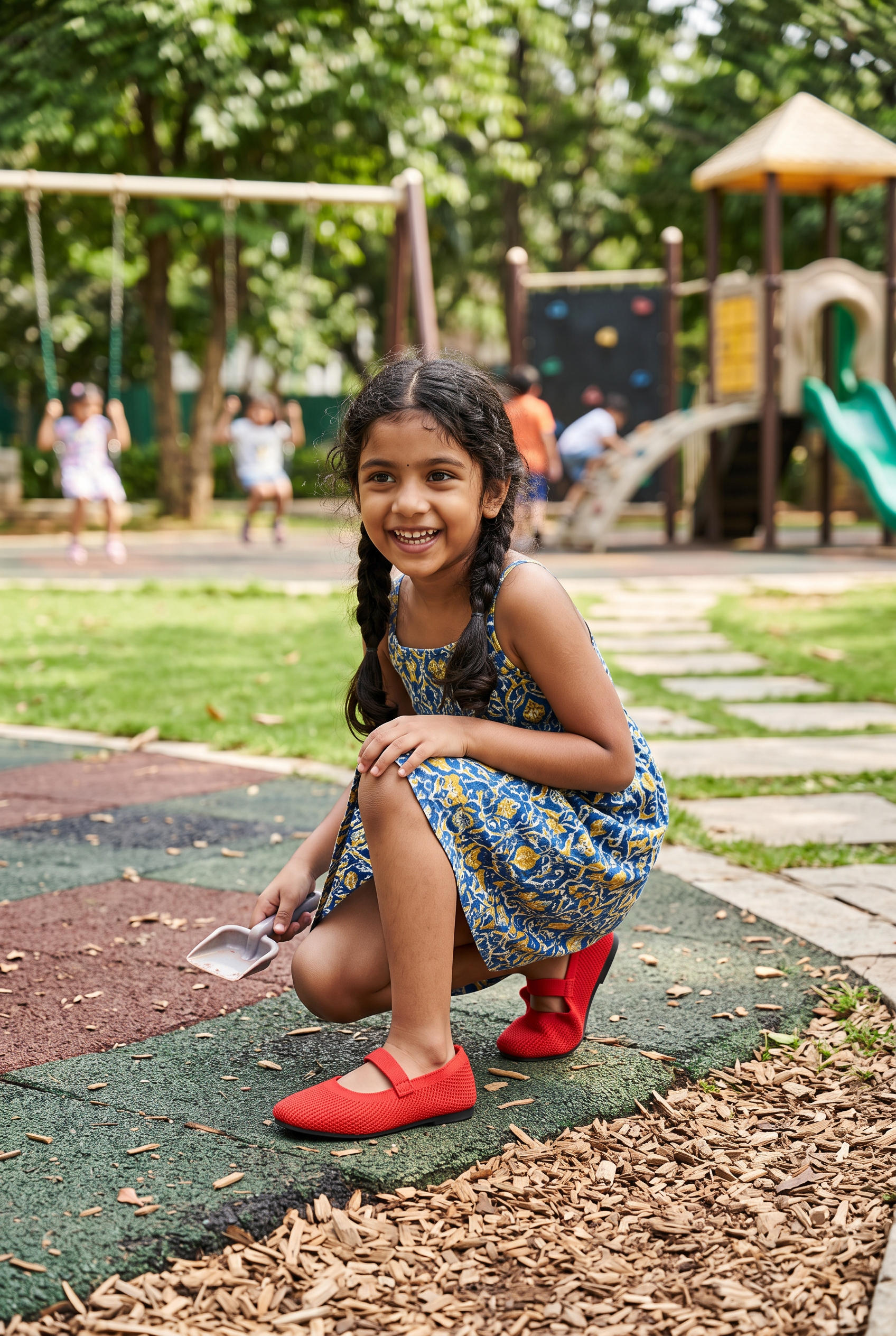 Kids Square Toe Metro Mary Janes Red full model shot on Indian girl, crouching pose