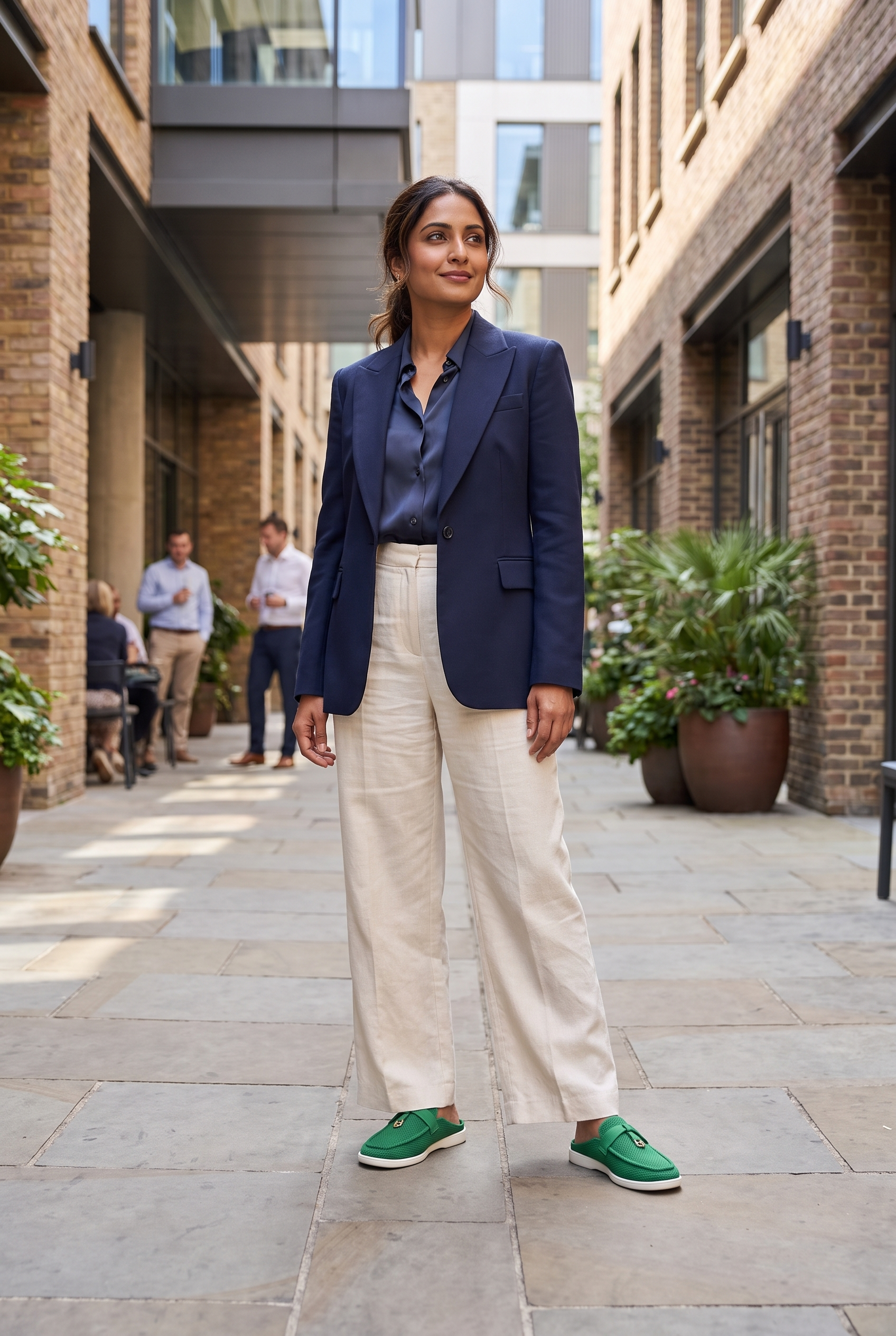 Coco Mules Green full model shot on Indian woman, standing candid pose