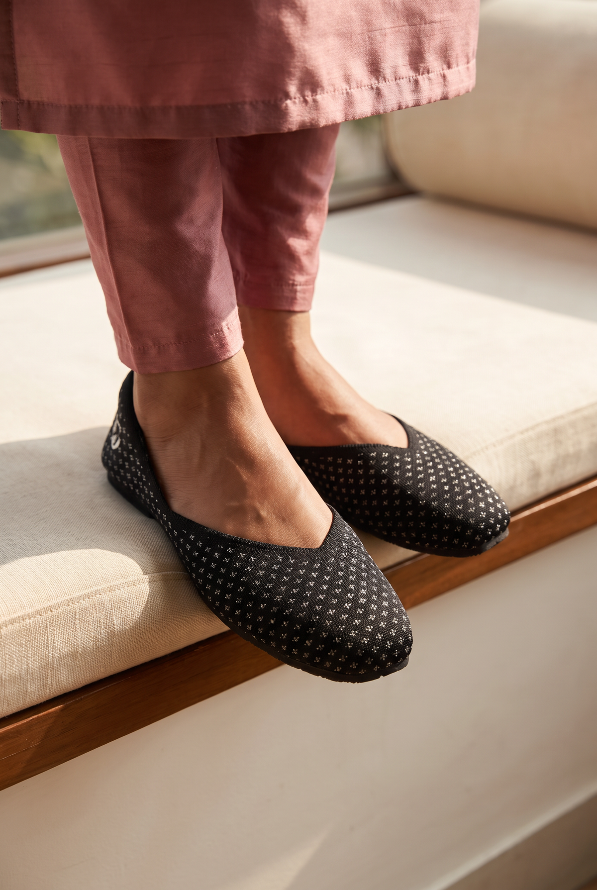 Sitara Juttis Black Silver foot closeup on Indian woman in traditional churidar