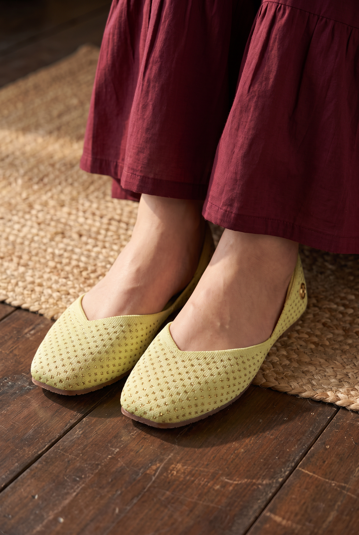 Sitara Juttis Lime Gold foot closeup on Indian woman in traditional sharara