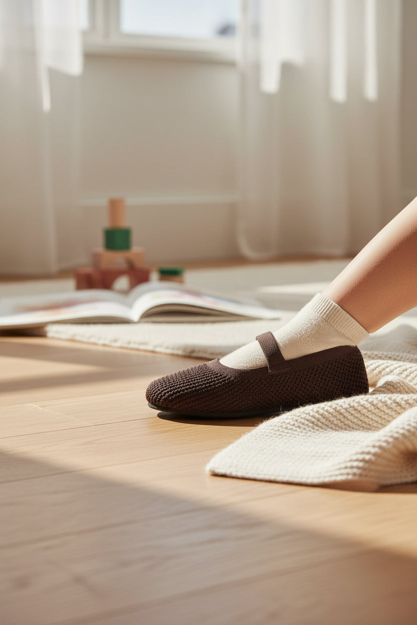 Kids Brown knit Mary Jane shoes with black strap, made using zero-waste 3D knitting from recycled PET (rPET) plastic bottles, lightweight breathable round-toe flats for everyday wear.