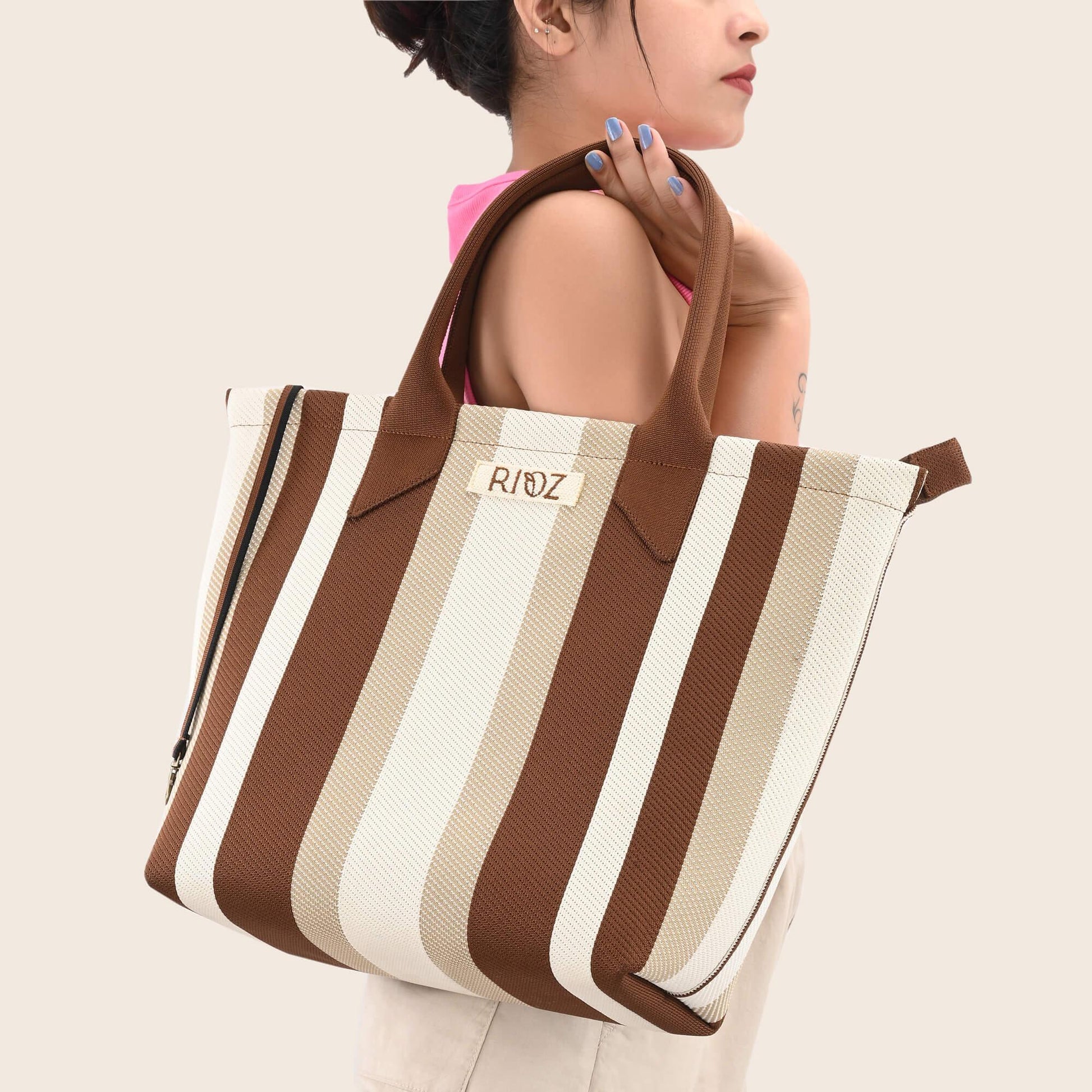 Raven - Carry Your Stripes Zipper Tote - Brown - Rioz