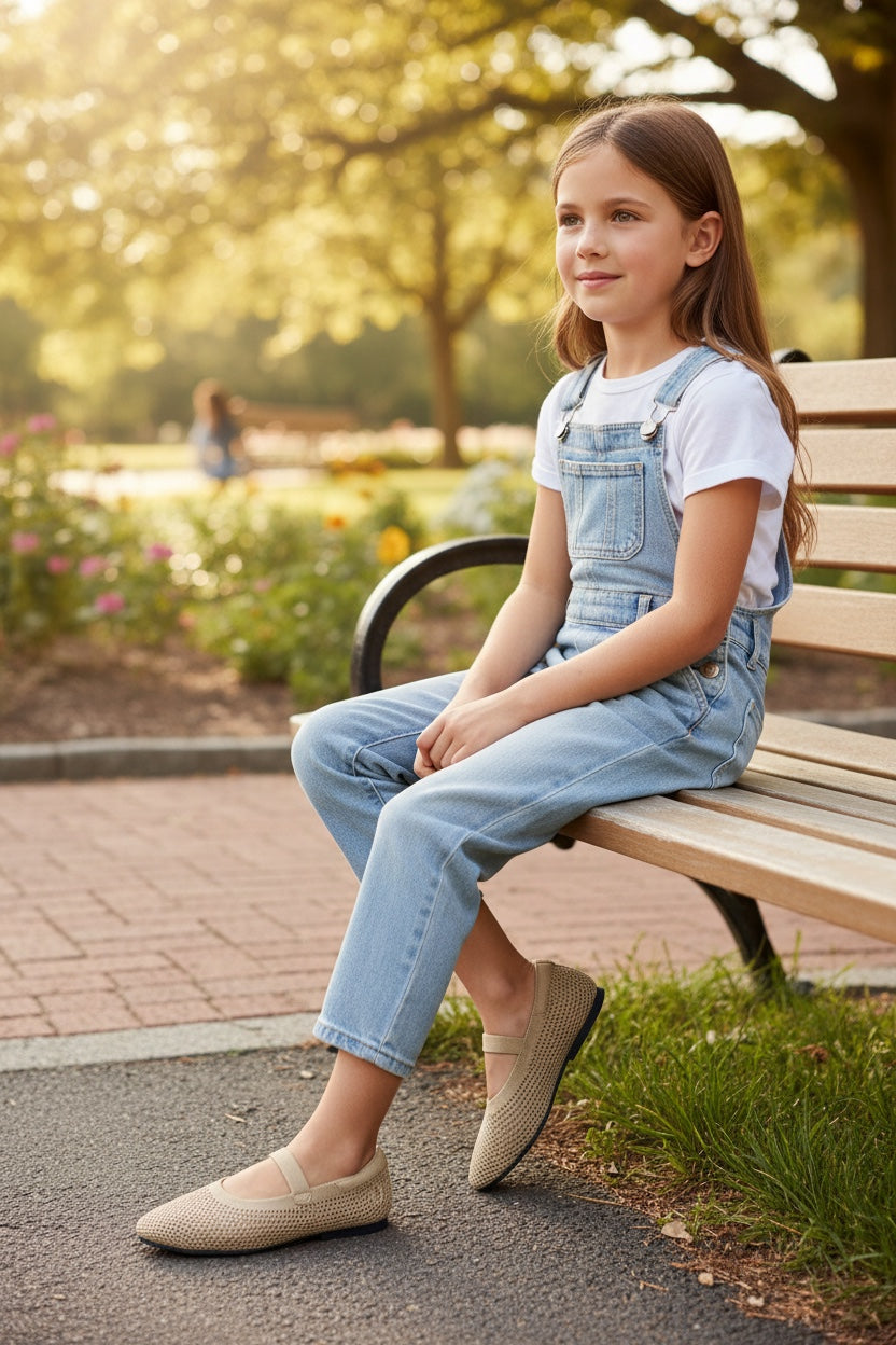 A young girl sitting on a park bench wearing Rioz almond toe airknit mary janes in a neutral beige colour.
