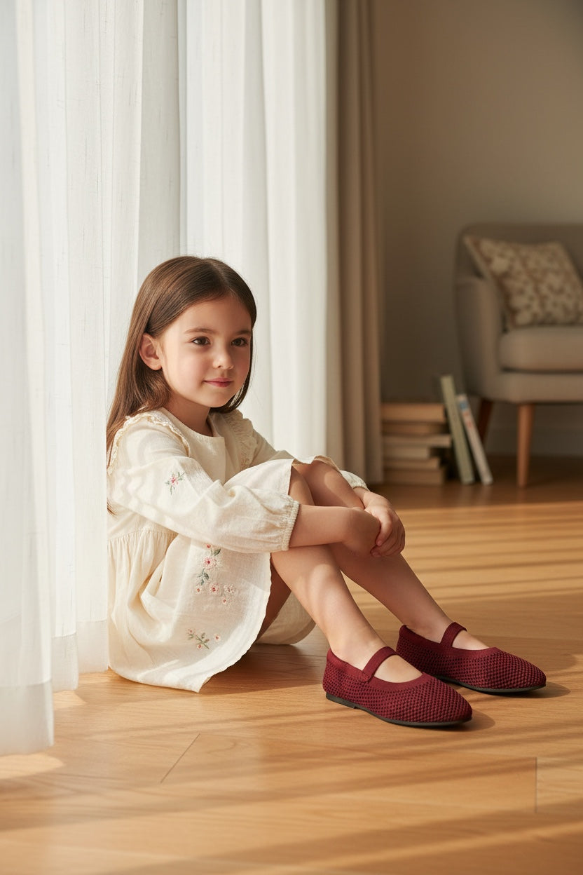 Young girl sitting on a wooden floor wearing Rioz maroon airknit Mary Jane shoes with a cream embroidered dress.