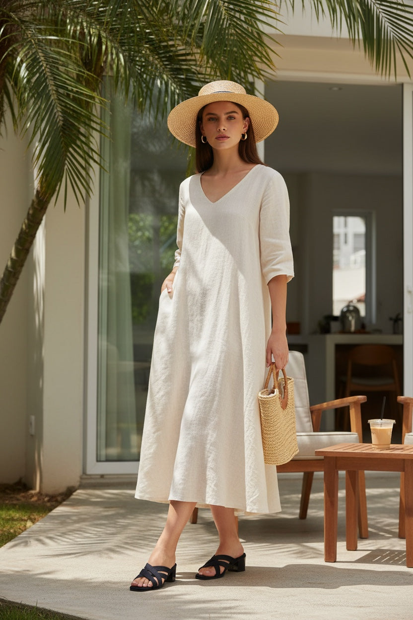 Rioz Mila black rPET knit block heel sandals worn by a woman in a linen dress and straw hat on a sunny patio.