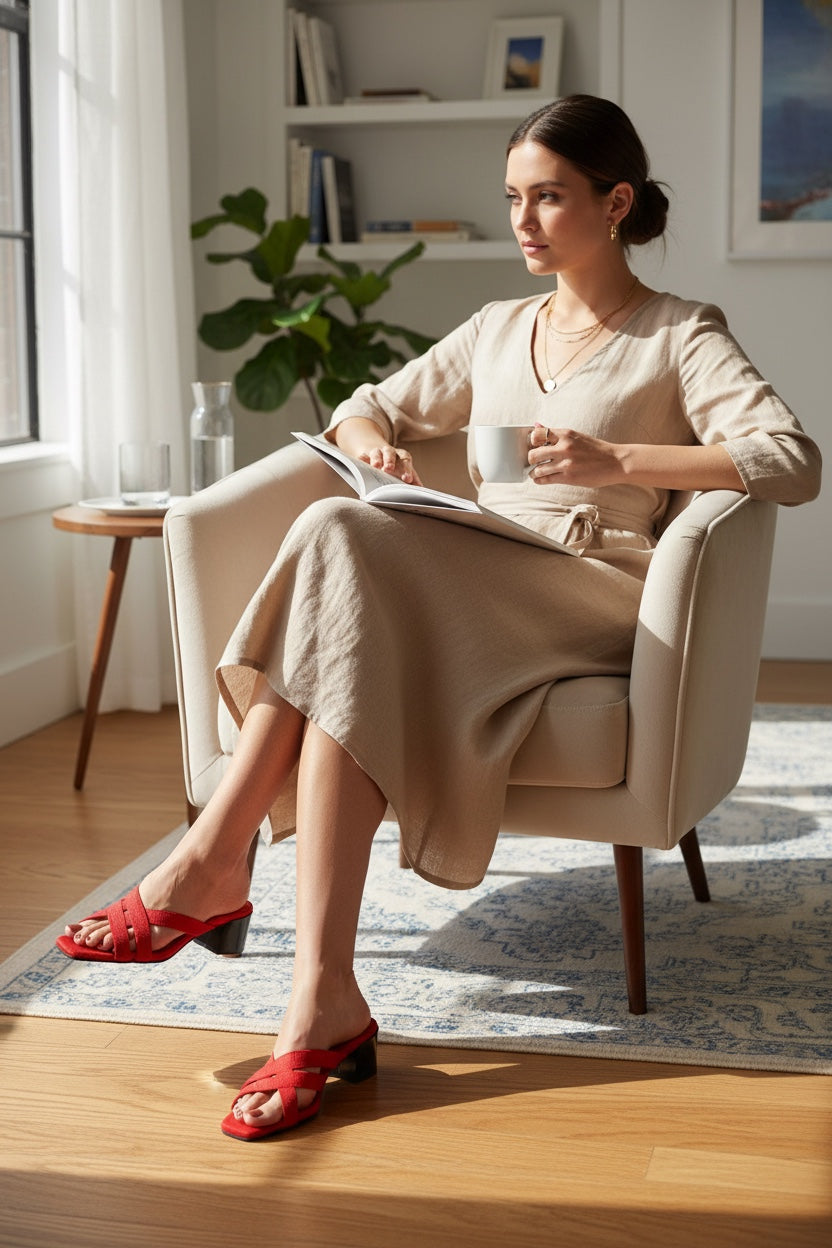 Woman wearing Rioz Mila red strappy block heel sandals with a beige linen dress while sitting in an armchair.