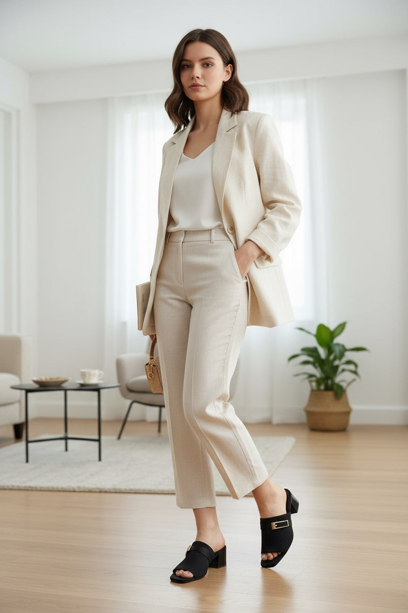 Rioz Nova black recycled knit block heel sandals with gold-tone buckle worn by a woman in a beige suit