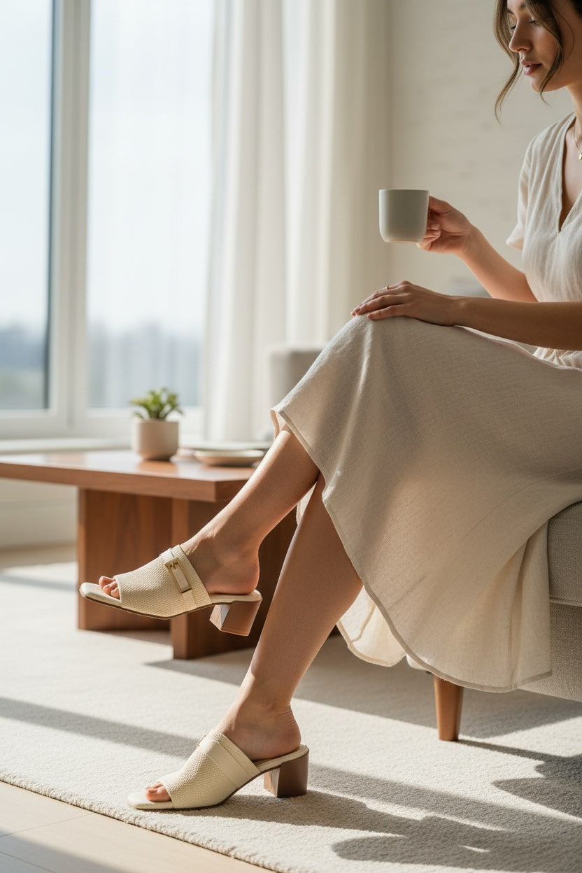 Rioz Nova ivory recycled knit block heel sandals with gold-tone buckle worn by a woman in a bright living room