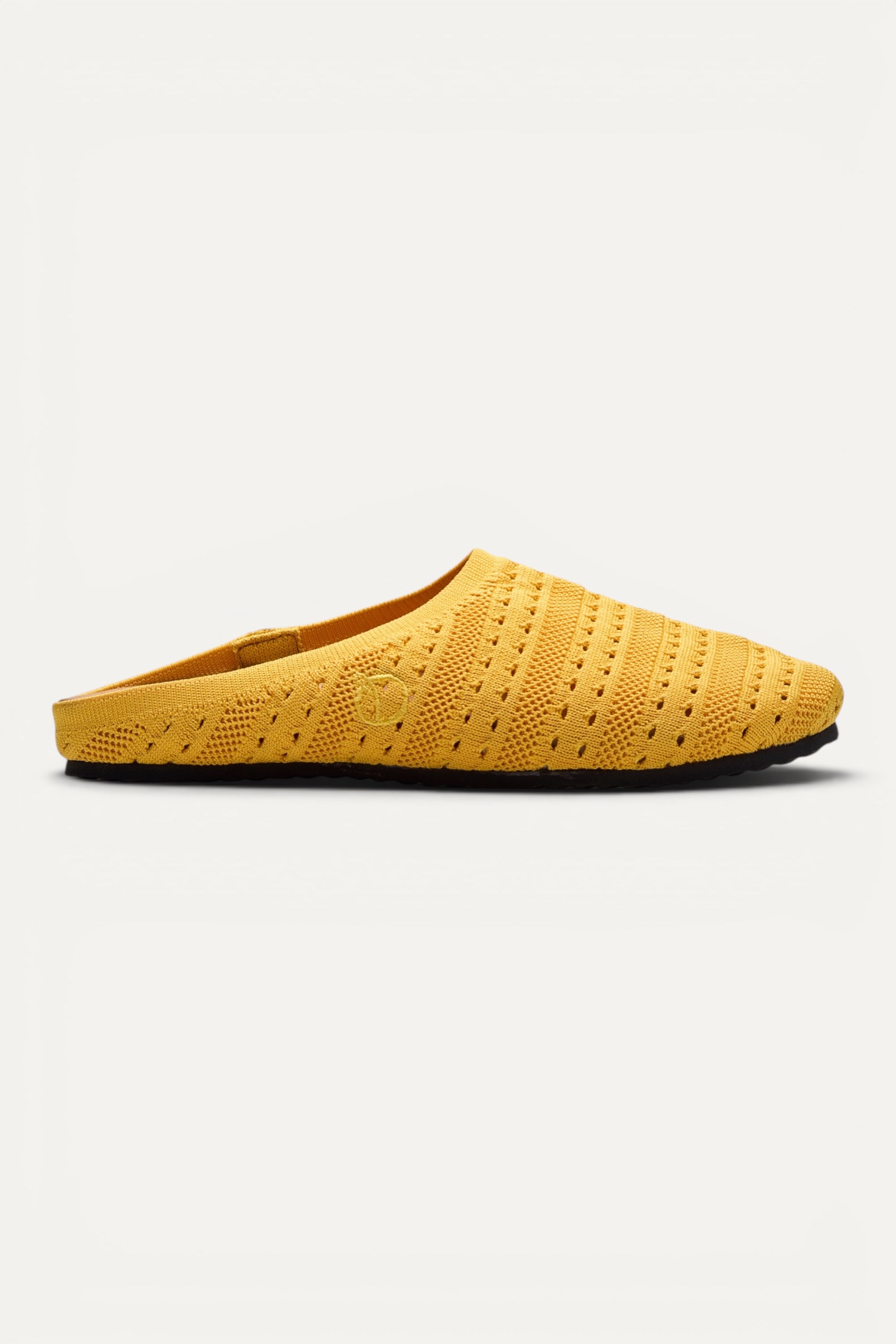 Top view of Rioz Lumi Mules (yellow), lightweight 350g knit clogs made in India from rPET.
