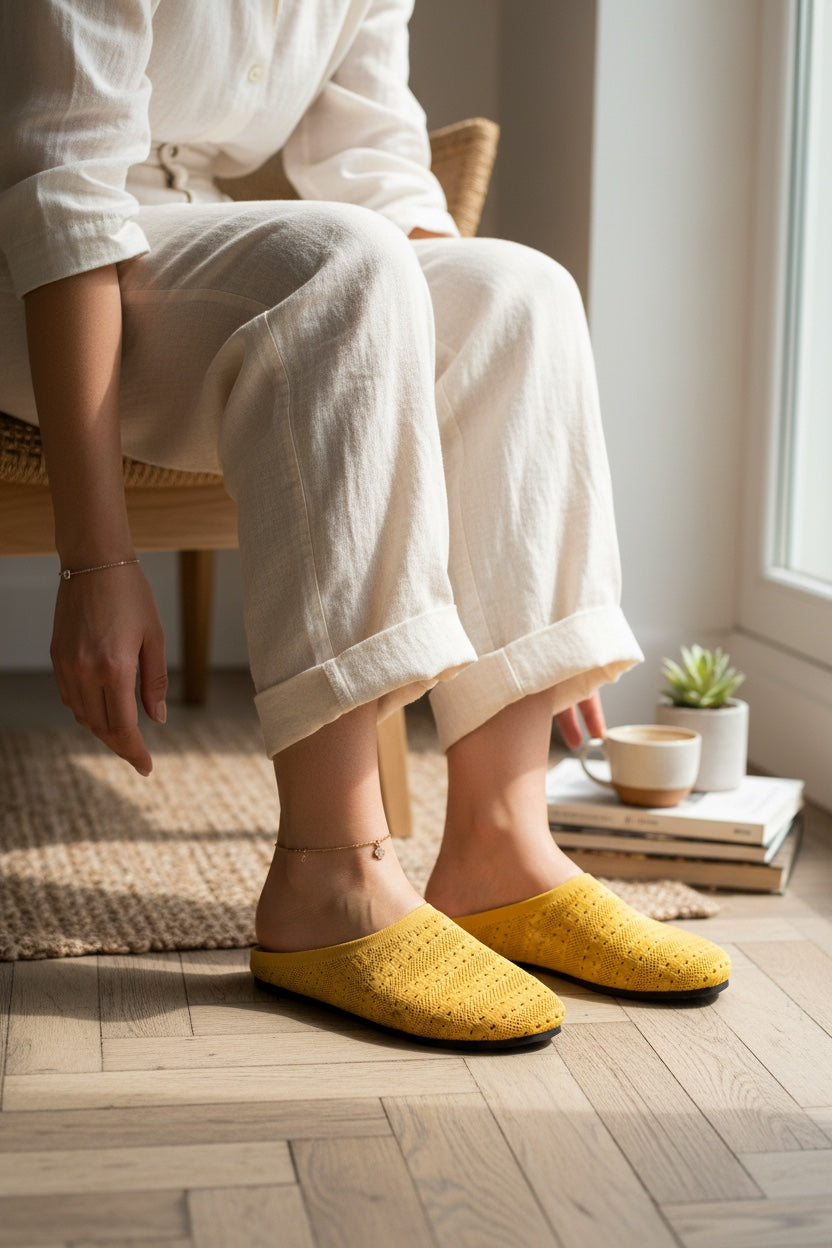 Yellow Rioz Lumi Mules — vegan slip-on knit clogs for summer and statement looks, machine washable.