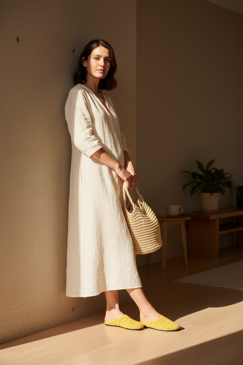 Side view of Rioz Yellow Lumi Mules, breathable pointelle knit closed-toe slip-on clogs.