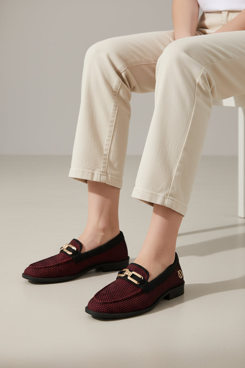 Rioz maroon knit slip-on loafers with black trim and gold buckle detail,  eco-friendly fabric and cushioned sole casual shoes
